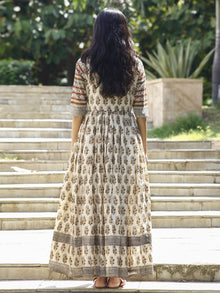 Naaz Ivory Rust Mustard Hand Block Printed Long Cotton Gather Dress with Tassels - DS14F002