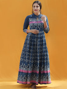 Naaz Rawza - Hand Block Printed Long Cotton Dress With Front Zip - DS82F001