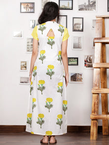 White Yellow Green Hand Block Printed Long Kurta in Natural Colors - K102F1501