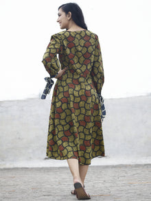 Olive Green Rust Indigo Black Ajrak Printed Cotton Dress With Tie-Up Sleeve - D80F641