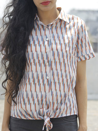 Ivory Mustard Red Blue Hand Woven Ikat Front Knot Ikat Shirt  - T15F747