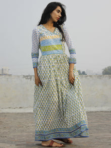 Naaz Aazina - White Green Light Blue Hand Block Printed Angrakha Dress With Gathers -  DS11F004
