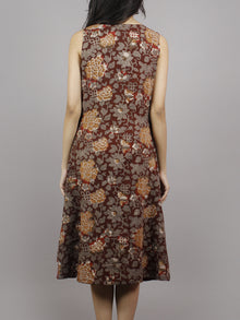 Maroon Brown Black Hand Block Printed Cotton & Rayon Sleeveless Dress  - D4361201