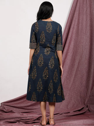 Indigo Mustard Brown Hand Block Printed Dress With Angrakha Style - D232F1315
