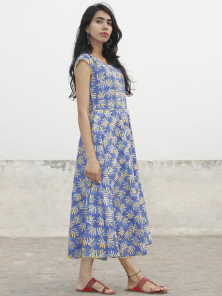 Cornflower Blue Yellow Green White Hand Block Printed Cotton Midi Dress  - D153F1067