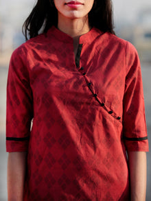 Red Black Hand Block Printed Cotton Top With Stand Collar- T35F461