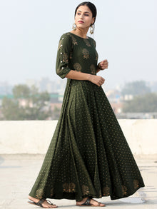 Diba - Green Gold Block Printed Long Urave Cut Dress - D384FDDDD
