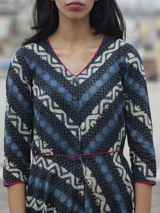 Grey Indigo Ivory Black Hand Block Printed Long Cotton Dress With Front Opening  - D79F901