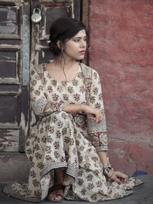 Naaz Beige Maroon Olive Green Hand Block Printed Long Cotton Dress with Lining - DS12F001