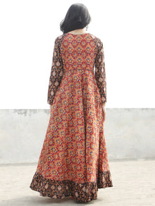 Red Black Mustard Indigo Ivory  Long Hand Block Printed Cotton Dress With Frills  - D06F888