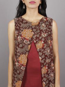 Maroon Brown Black Hand Block Printed Cotton & Rayon Sleeveless Dress  - D4361201