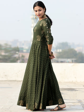 Diba - Green Gold Block Printed Long Urave Cut Dress - D384FDDDD
