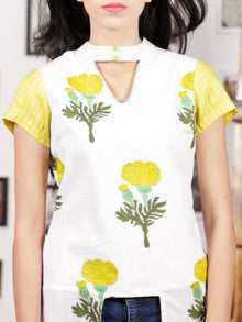 White Yellow Green Hand Block Printed Long Kurta in Natural Colors - K102F1501