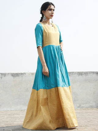 Golden Blue Long Floor Length Dress With Gathers - D121F001