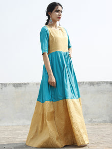 Golden Blue Long Floor Length Dress With Gathers - D121F001
