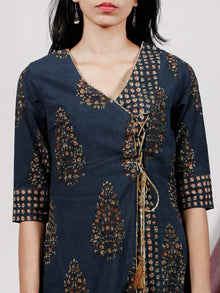 Indigo Mustard Brown Hand Block Printed Dress With Angrakha Style - D232F1315