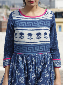 Naaz Indigo Ivory Magenta Hand Block Printed Long Dress With Gathers -  DS16F001