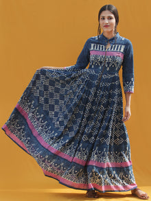 Naaz Rawza - Hand Block Printed Long Cotton Dress With Front Zip - DS82F001