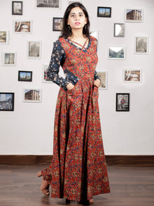 Red Indigo Ivory Hand Block Printed Long Cotton Dress With Pockets - D213F1218