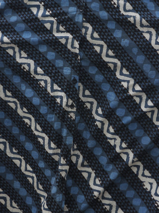 Grey Indigo Ivory Black Hand Block Printed Long Cotton Dress With Front Opening  - D79F901