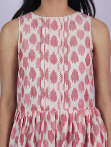 Pink Ivory Ikat Handwoven Long Cotton Sleeveless Pleated Dress With Lace Insert - D2857301
