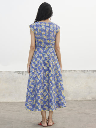 Cornflower Blue Yellow Green White Hand Block Printed Cotton Midi Dress  - D153F1067