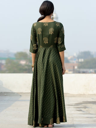 Diba - Green Gold Block Printed Long Urave Cut Dress - D384FDDDD