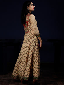 Naaz Beige Rust Green Black Hand Block Printed Long Cotton Kali Dress With Tassels - DS58F001