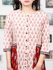 White Red Black Bagh Printed Panelled Cotton Long Dress With Front Open - D293F1719