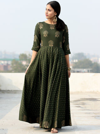 Diba - Green Gold Block Printed Long Urave Cut Dress - D384FDDDD