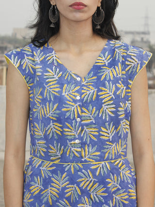 Cornflower Blue Yellow Green White Hand Block Printed Cotton Midi Dress  - D153F1067