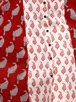 White Red Black Bagh Printed Panelled Cotton Long Dress With Front Open - D293F1719