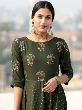 Diba - Green Gold Block Printed Long Urave Cut Dress - D384FDDDD