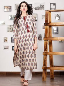 Ivory Maroon Indigo Hand Printed Ajrakh Kurta With Tassels & Cold Shoulder- K98F1538