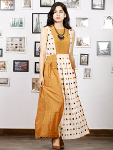 Off White Mustard Long Sleeveless Handwoven Double Ikat Dress With Side Pockets - D275F764