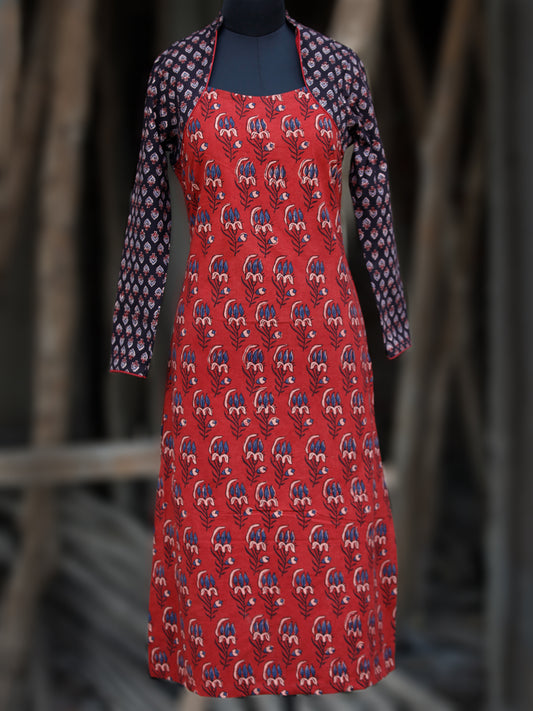 Red Black Ivory Blue Ajrakh Hand Block Printed Kurta - K42BP074