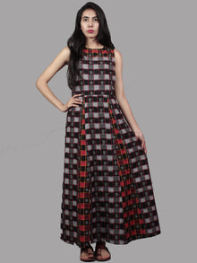 Black Grey Red Ivory Handwoven Double Ikat Cotton Sleeveless Dress  - D5465801