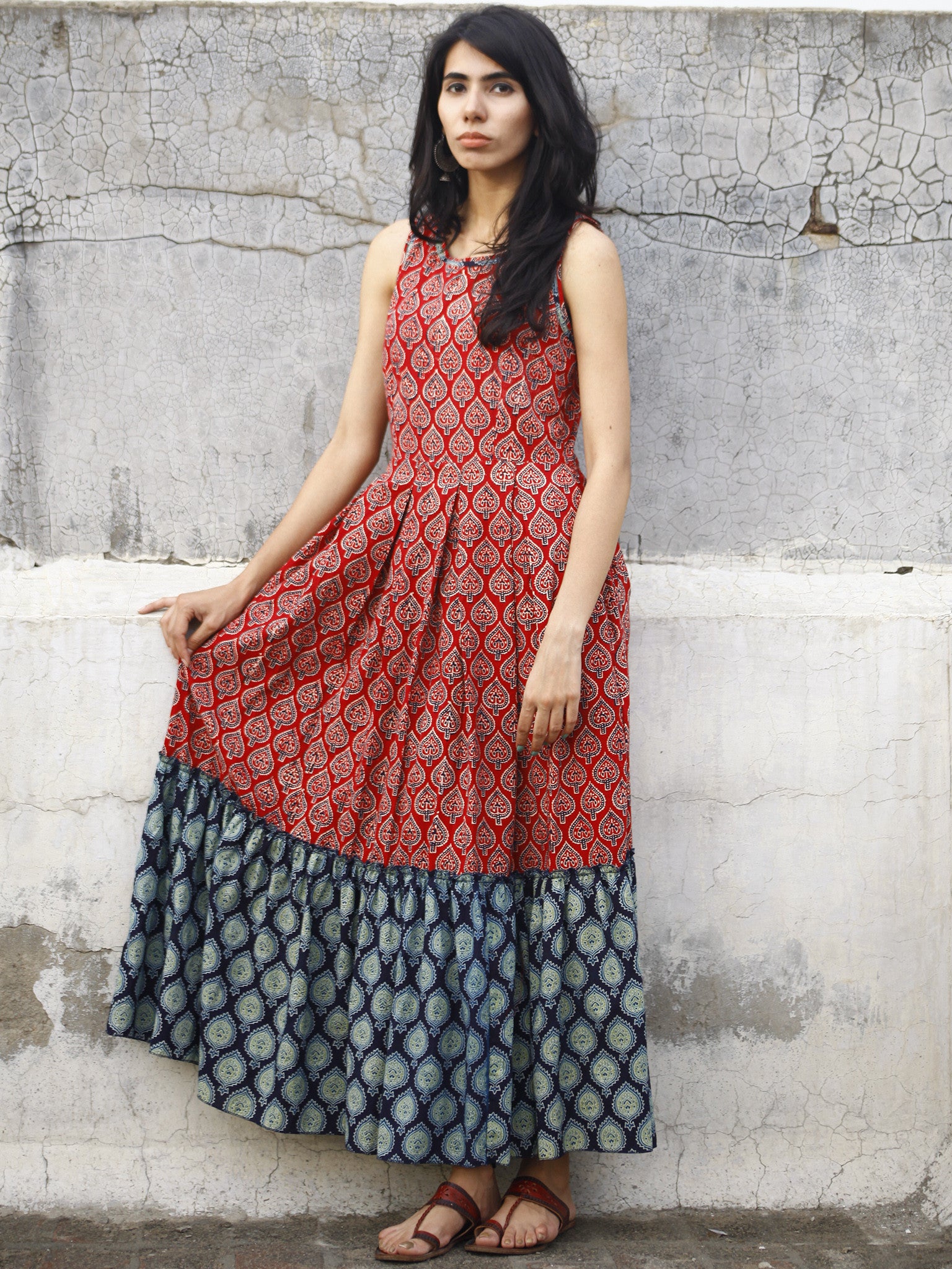 Red Indigo Ivory Hand Block Mughal Printed Sleeveless Tier Cotton Dres ...