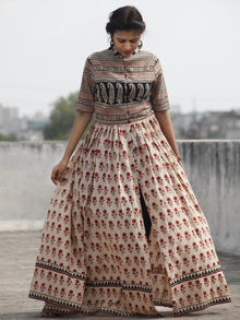 Naaz Alina - Beige Maroon Black Hand Block Printed Long Cotton Dress With Front Slit & Gathers  -  DS41F001