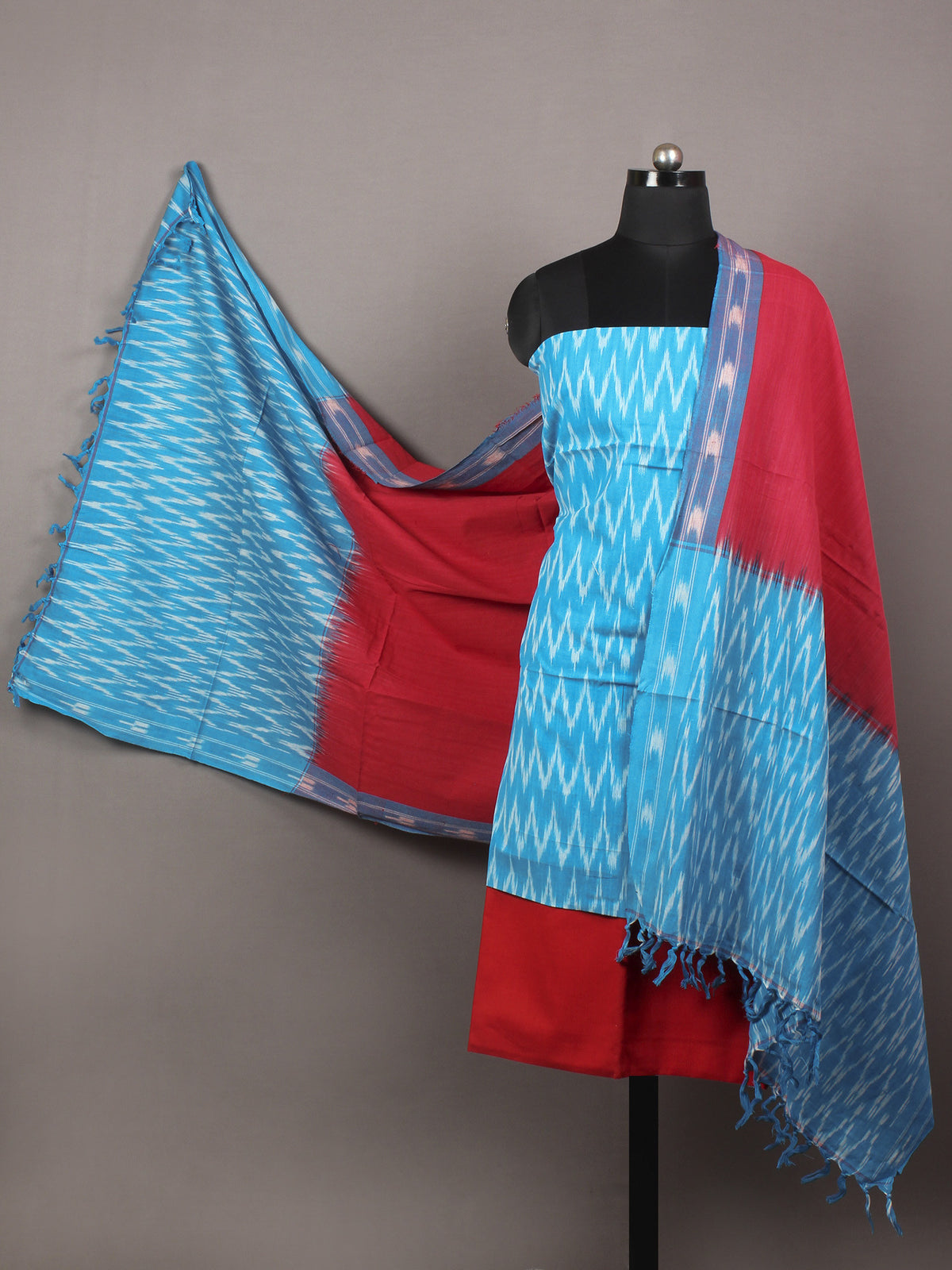 Azure Red White Ikat Handwoven Cotton Suit Fabric Set of 3 - S1002009
