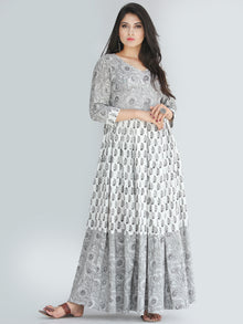Saima - Grey Black White Hand Block Printed Box Pleated Long Dress - D398F2240