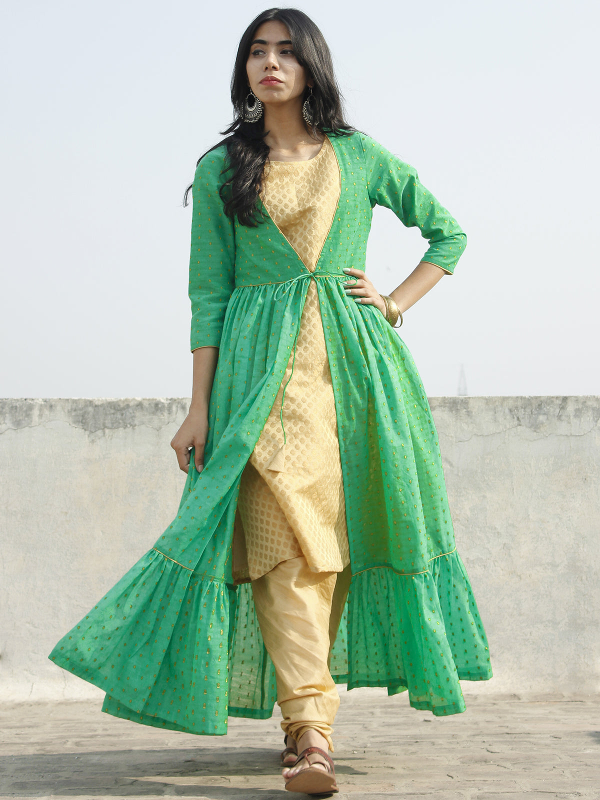 Green Golden Two Piece Brocade And Chanderi  Kurta (Set of 2) - D130F001