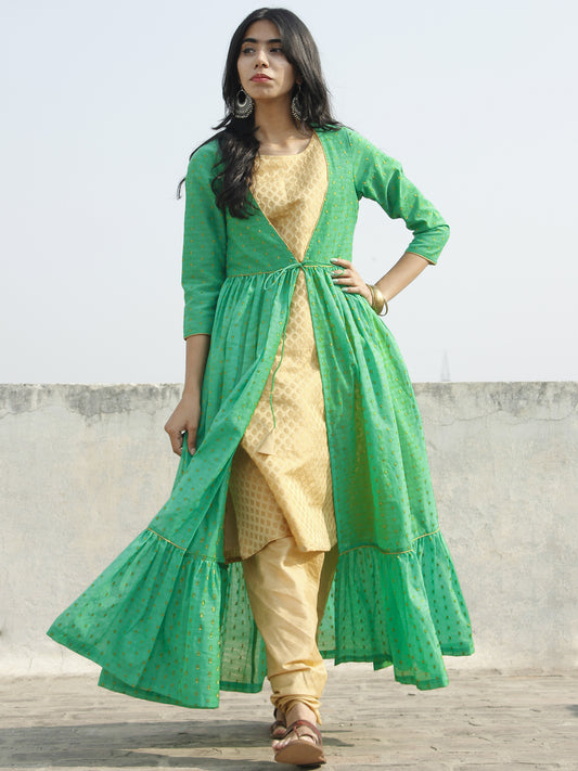 Green Golden Two Piece Brocade And Chanderi  Kurta (Set of 2) - D130F001