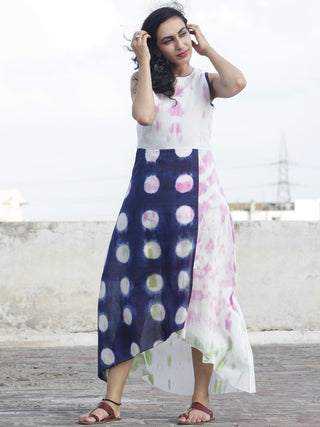 Naaz White Indigo Pink Green Tie Dye Asymmetrical Sleeveless Dress With Back Zip  - DS24F001