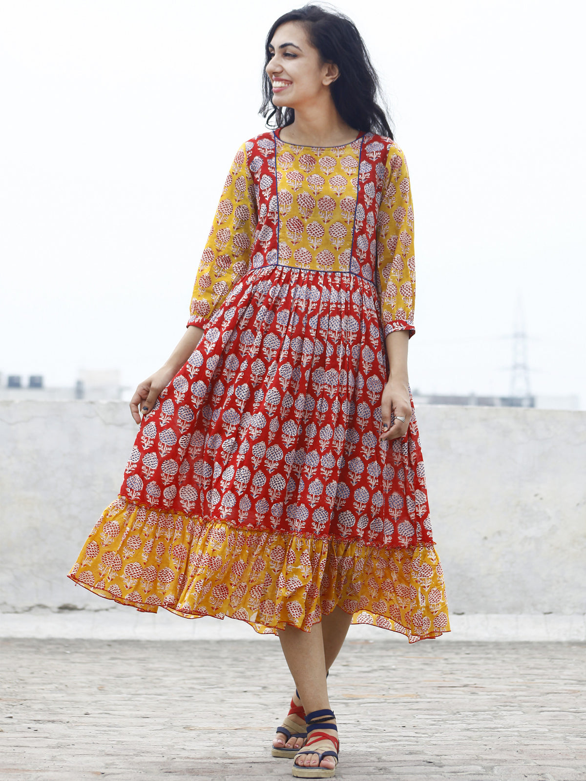 Red Yellow Blue ivory Hand block Printed Dress With Gathers And Peasant Sleeves  - D77F780