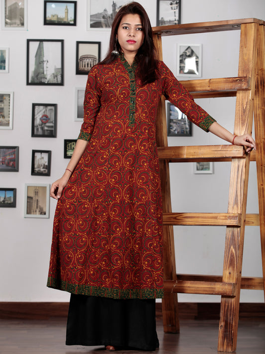 Rust Yellow Green Ajrakh Hand Block Printed Kurta With Stand Collar  - K14BP021