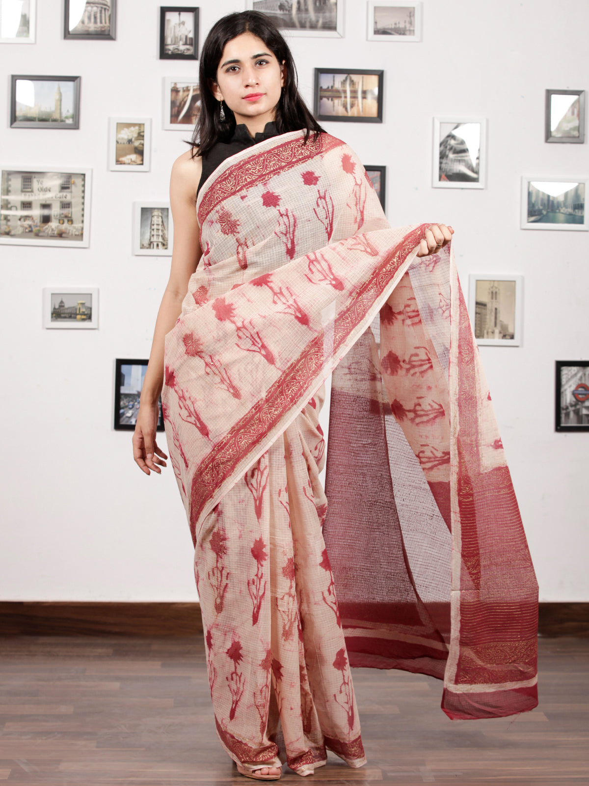 Beige Coral Hand Block Printed Kota Doria Saree in Natural Colors With Golden Highlighting - S031703142