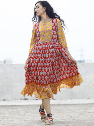 Red Yellow Blue ivory Hand block Printed Dress With Gathers And Peasant Sleeves  - D77F780