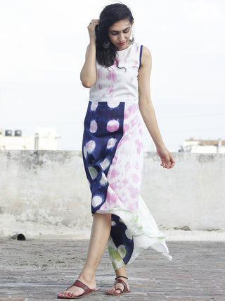 Naaz White Indigo Pink Green Tie Dye Asymmetrical Sleeveless Dress With Back Zip  - DS24F001