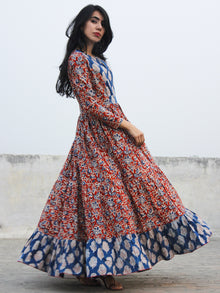 Red Indigo Ivory Black Hand Blocked Cotton Tier Dress  - D139F1071